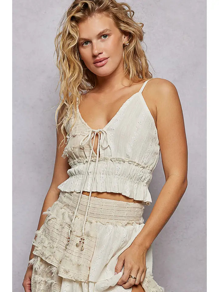 Reverse Ruffle Shirring V-Neck Cotton Sleeveless Crop Top