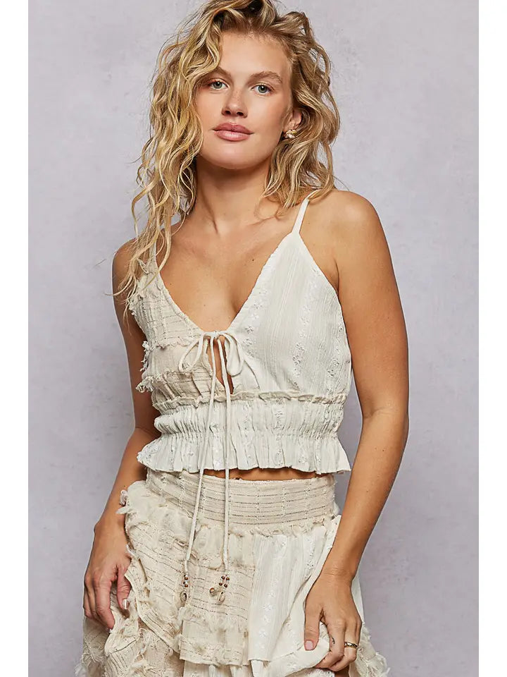 Reverse Ruffle Shirring V-Neck Cotton Sleeveless Crop Top