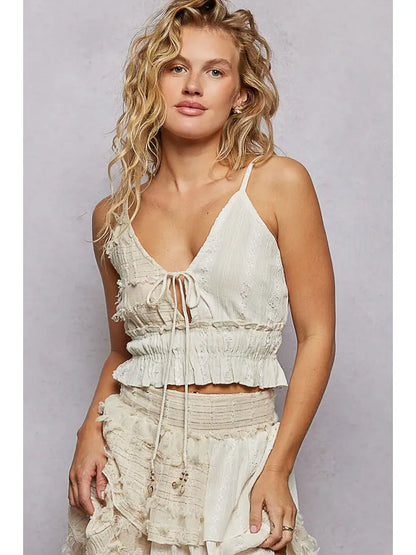 Reverse Ruffle Shirring V-Neck Cotton Sleeveless Crop Top