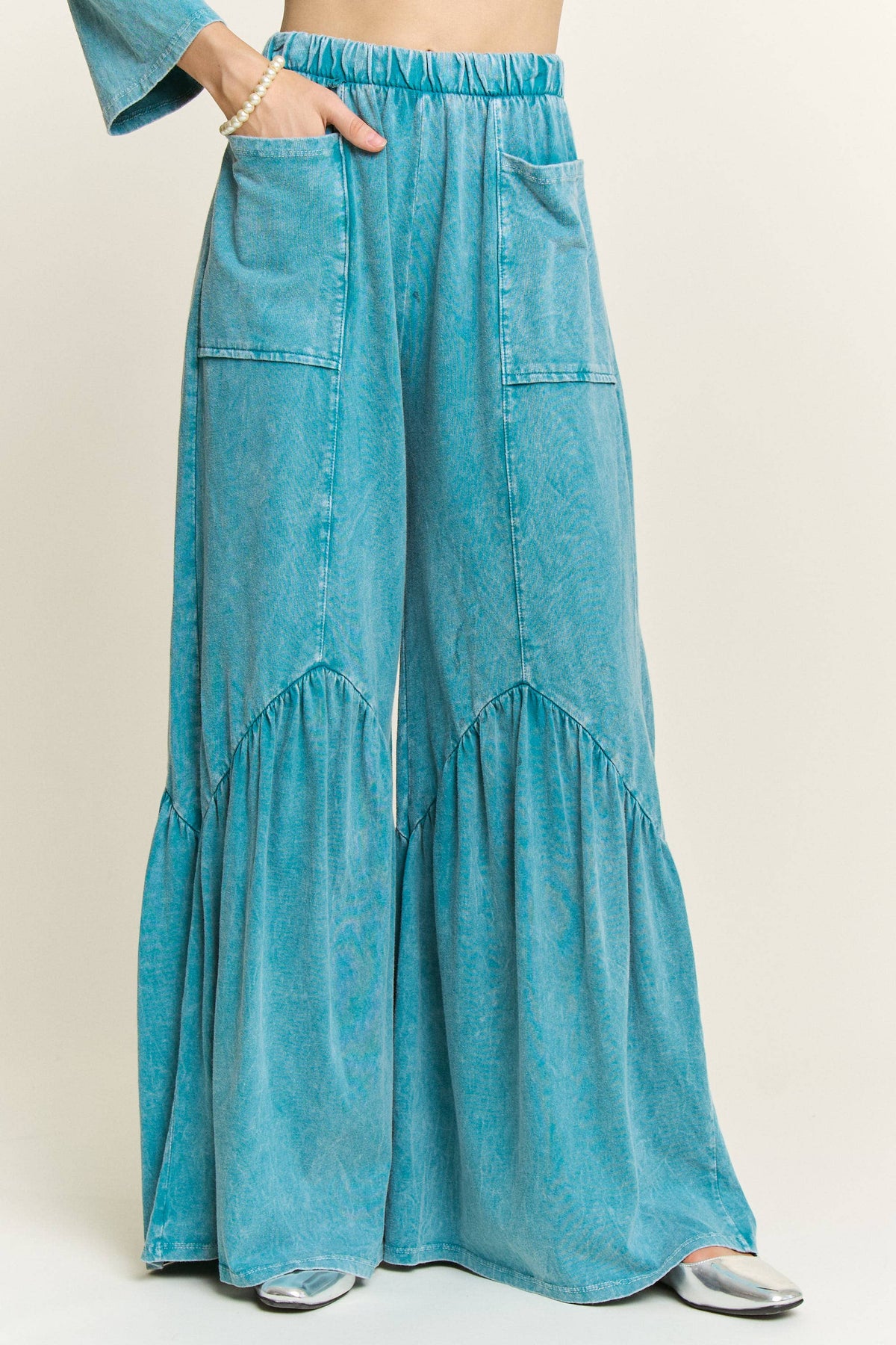 Boho Pants -Mineral Washed Pocket Wide Flare Pants