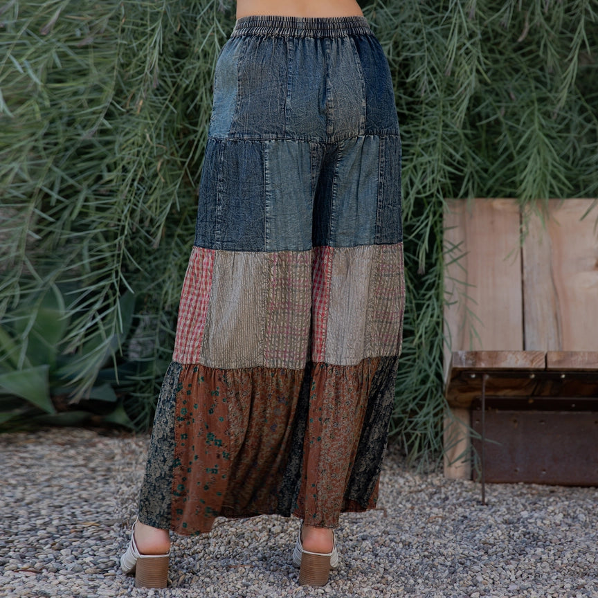 Boho Chic Tiered Patch Inserted Denim &Knit Pants