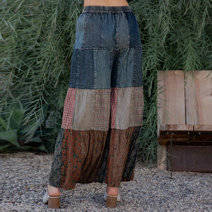 Boho Chic Tiered Patch Inserted Denim &Knit Pants