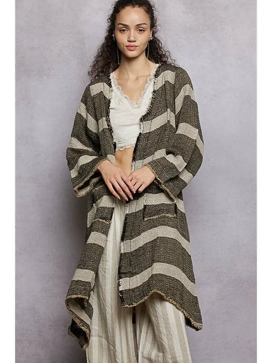 Long Sleeve Front Pocket Raw Edge Striped Linen Cardigan