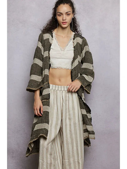 Long Sleeve Front Pocket Raw Edge Striped Linen Cardigan