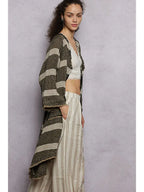 Long Sleeve Front Pocket Raw Edge Striped Linen Cardigan