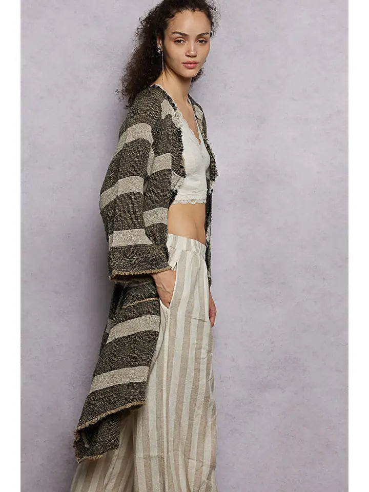 Long Sleeve Front Pocket Raw Edge Striped Linen Cardigan