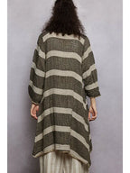 Long Sleeve Front Pocket Raw Edge Striped Linen Cardigan