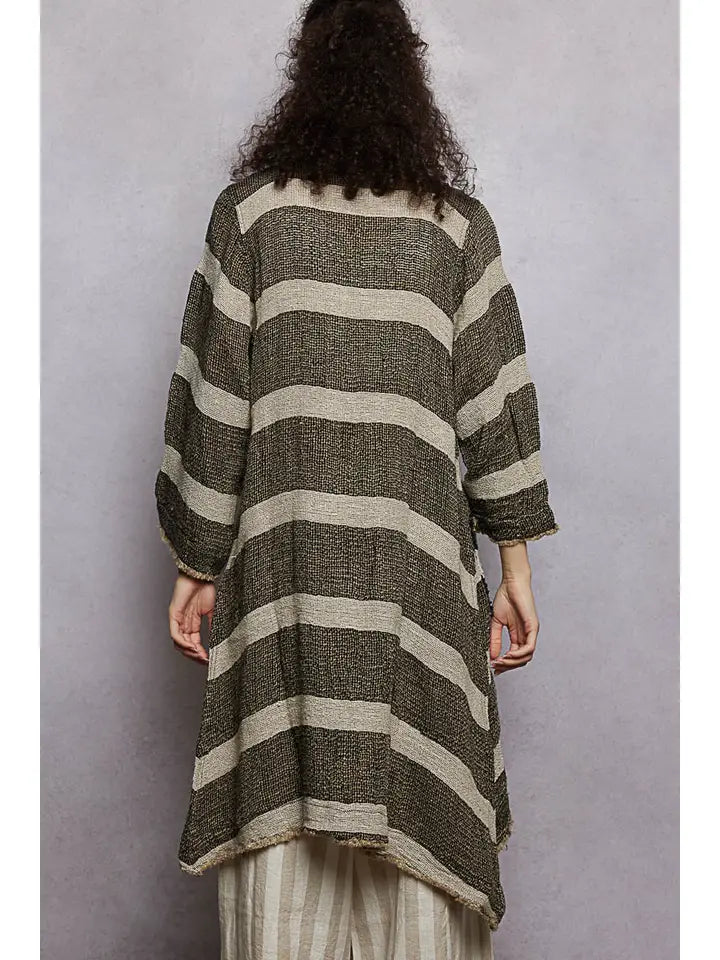 Long Sleeve Front Pocket Raw Edge Striped Linen Cardigan