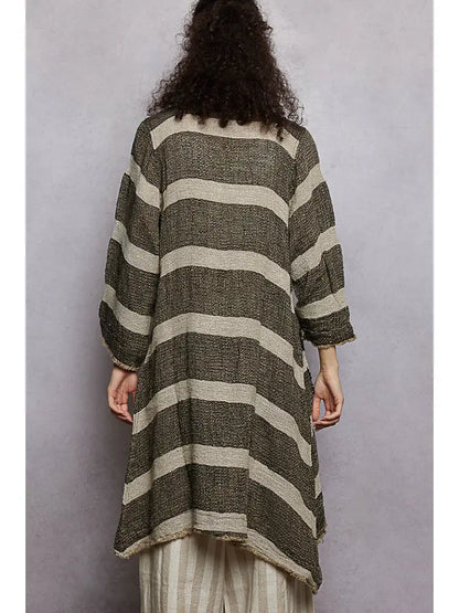 Long Sleeve Front Pocket Raw Edge Striped Linen Cardigan