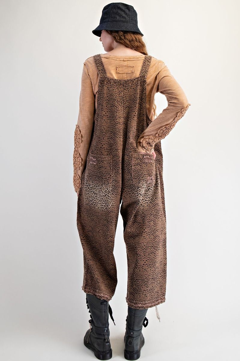 Leopard Print Washed Denim Overalls