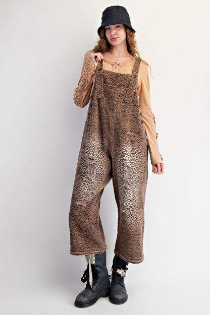Leopard Print Washed Denim Overalls