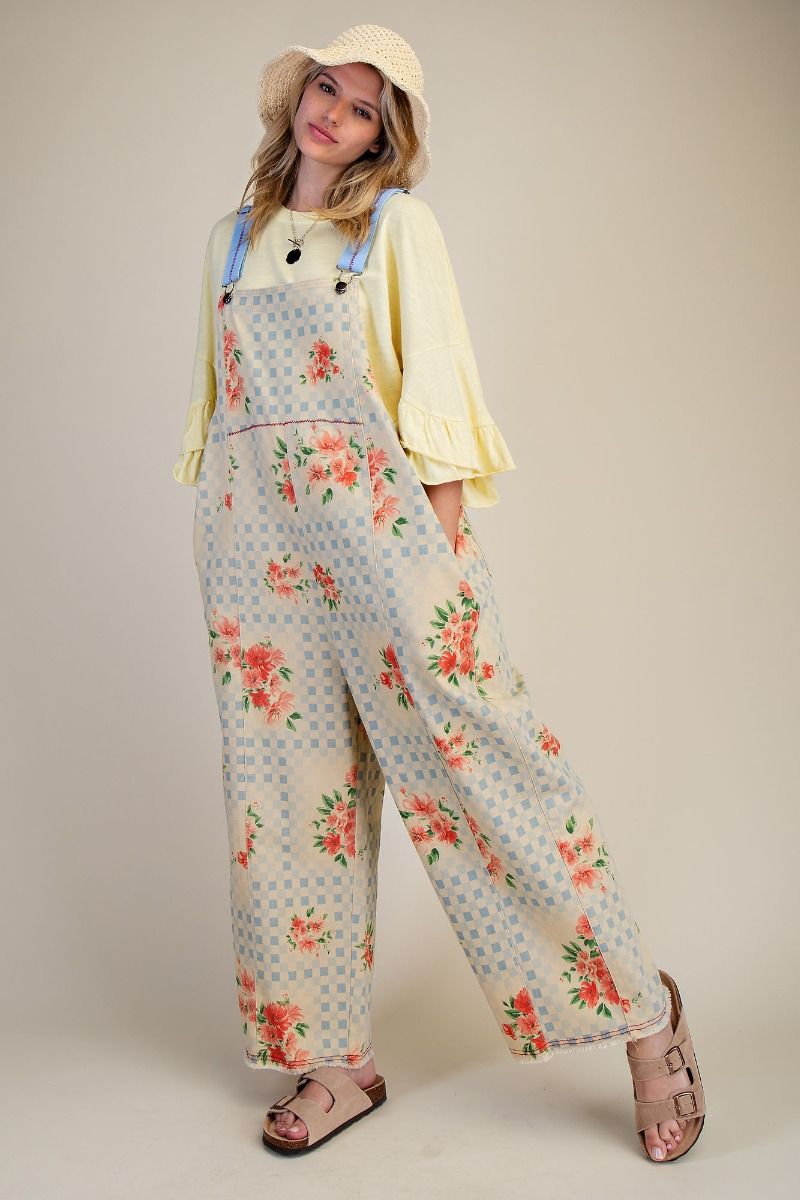 Checkerboard Printed  Washed  Twill Overalls