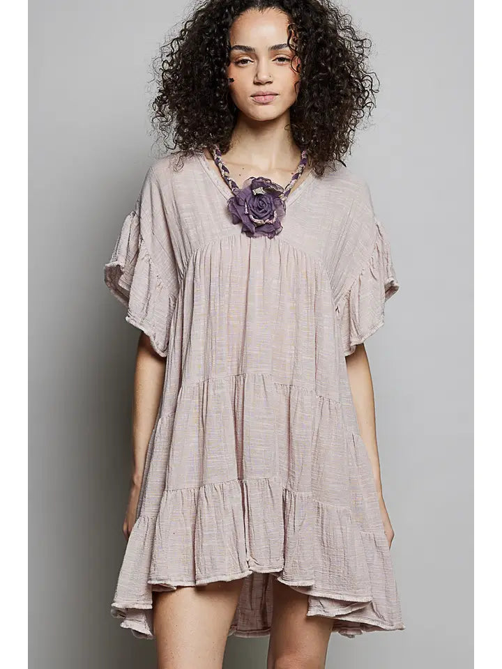 V-Neck Short Sleeve Ruffle Detail Dress