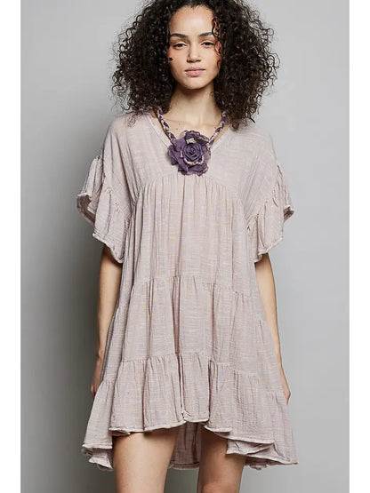 V-Neck Short Sleeve Ruffle Shirring Detail Dress