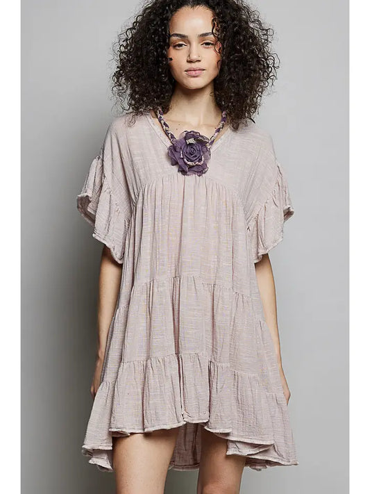 V-Neck Short Sleeve Ruffle Shirring Detail Dress