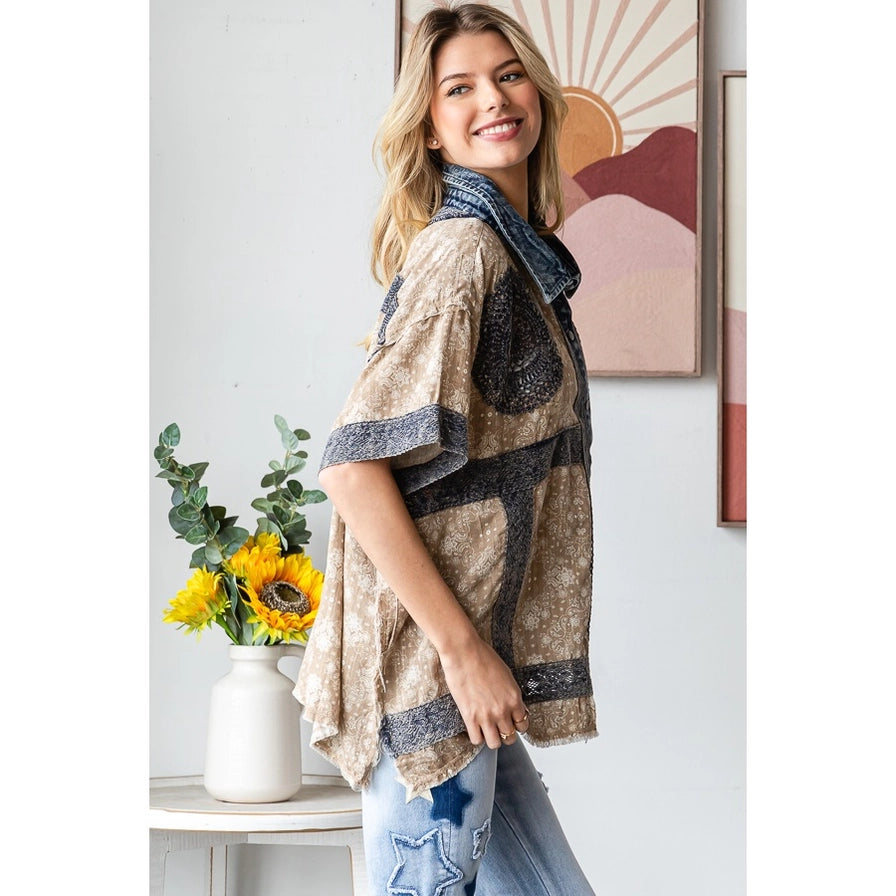 Washed Crochet Patch / Lace Button Down