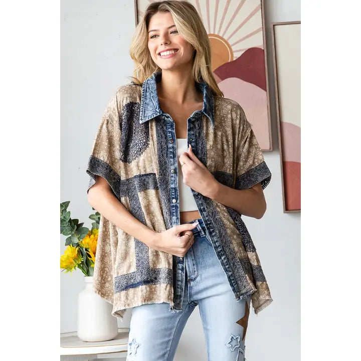 Washed Crochet Patch / Lace Button Down