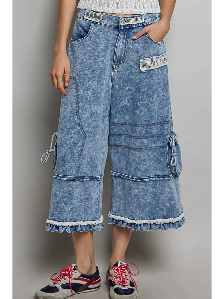 Ruffle Hem High Rise Wide Leg Snap Stud Detail Cargo Pants