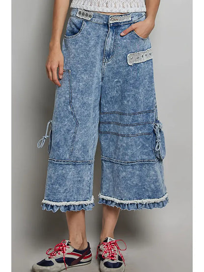Ruffle Hem High Rise Wide Leg Snap Stud Detail Cargo Pants