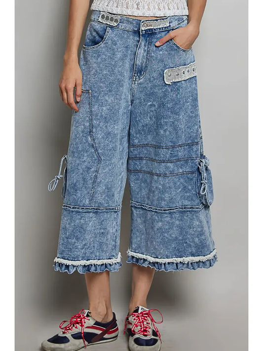 Ruffle Hem High Rise Wide Leg Snap Stud Detail Cargo Pants