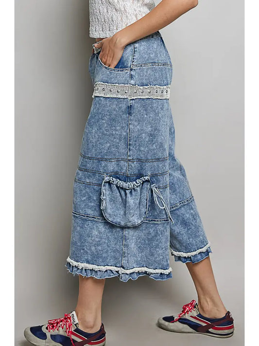 Ruffle Hem High Rise Wide Leg Snap Stud Detail Cargo Pants