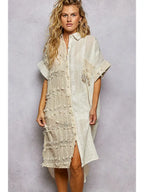 Dangle Trim Textured Cotton Oversized Long Shirt Dress
