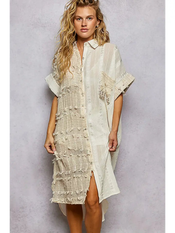 Dangle Trim Textured Cotton Oversized Long Shirt Dress