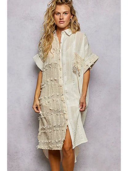 Dangle Trim Textured Cotton Oversized Long Shirt Dress