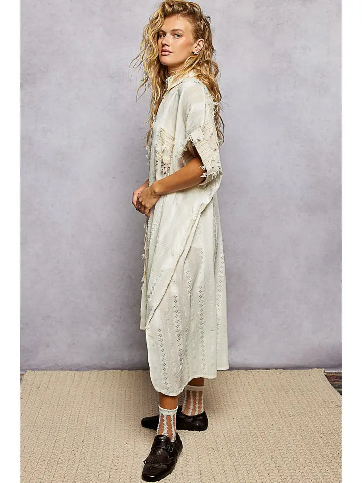 Dangle Trim Textured Cotton Oversized Long Shirt Dress