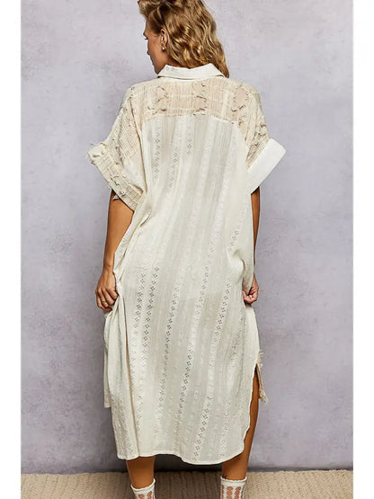 Dangle Trim Textured Cotton Oversized Long Shirt Dress