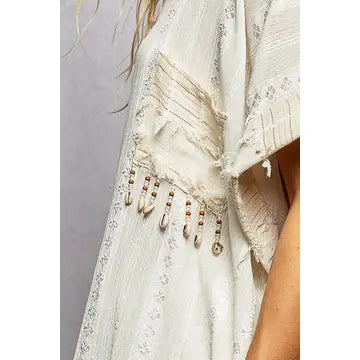 Dangle Trim Textured Cotton Oversized Long Shirt Dress