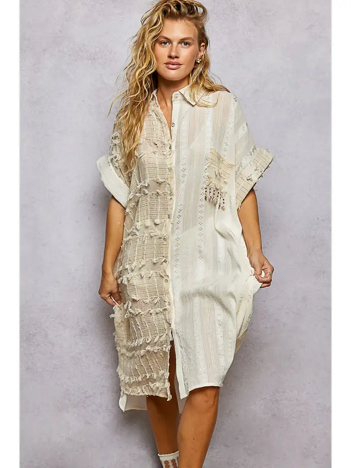 Dangle Trim Textured Cotton Oversized Long Shirt Dress