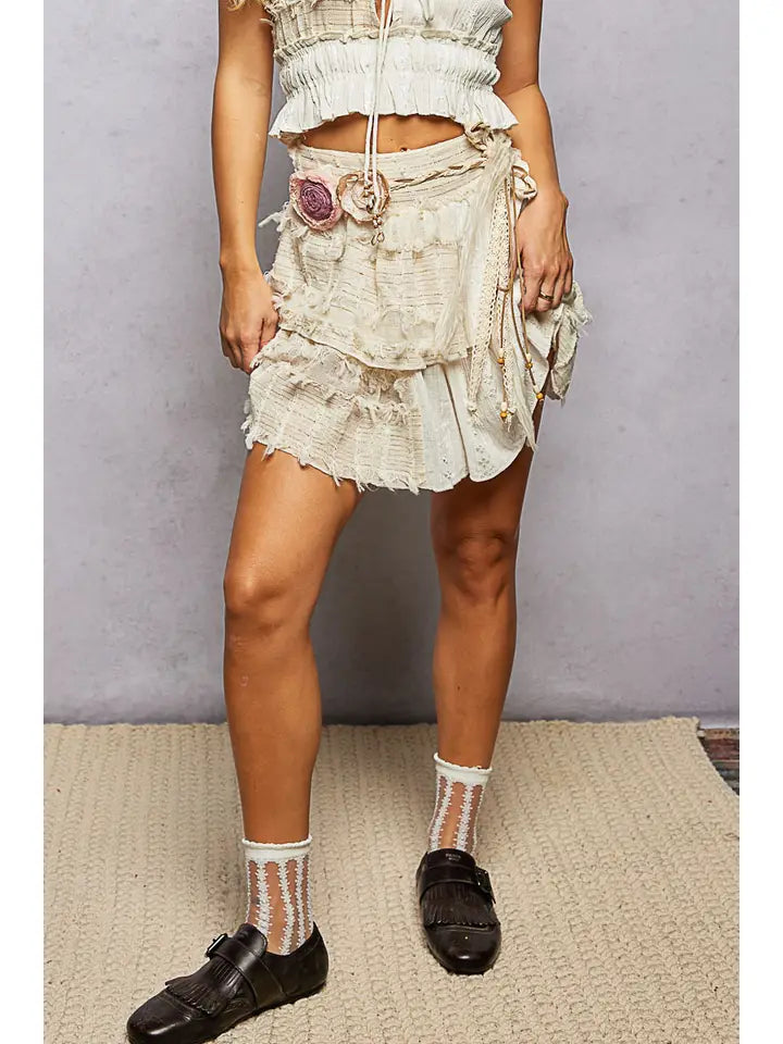 Shirring and Raw Hem Ruffled Cotton A-Line Mini Skirt