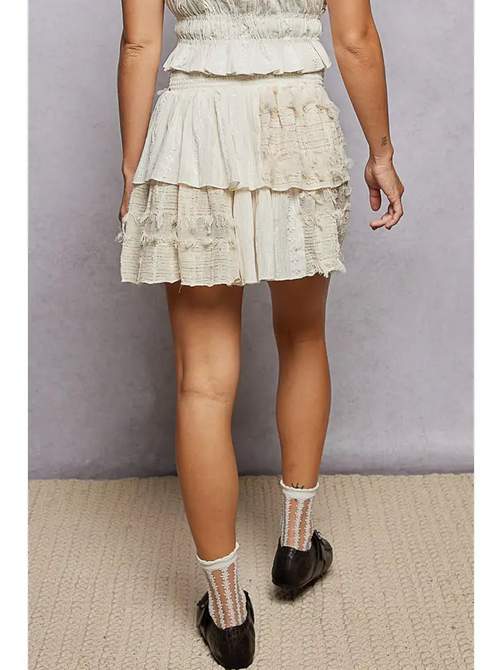 Shirring and Raw Hem Ruffled Cotton A-Line Mini Skirt