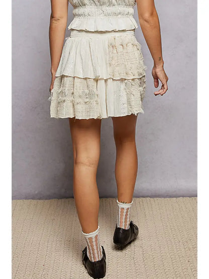 Shirring and Raw Hem Ruffled Cotton A-Line Mini Skirt