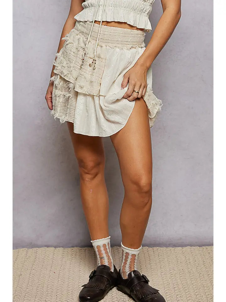 Shirring and Raw Hem Ruffled Cotton A-Line Mini Skirt